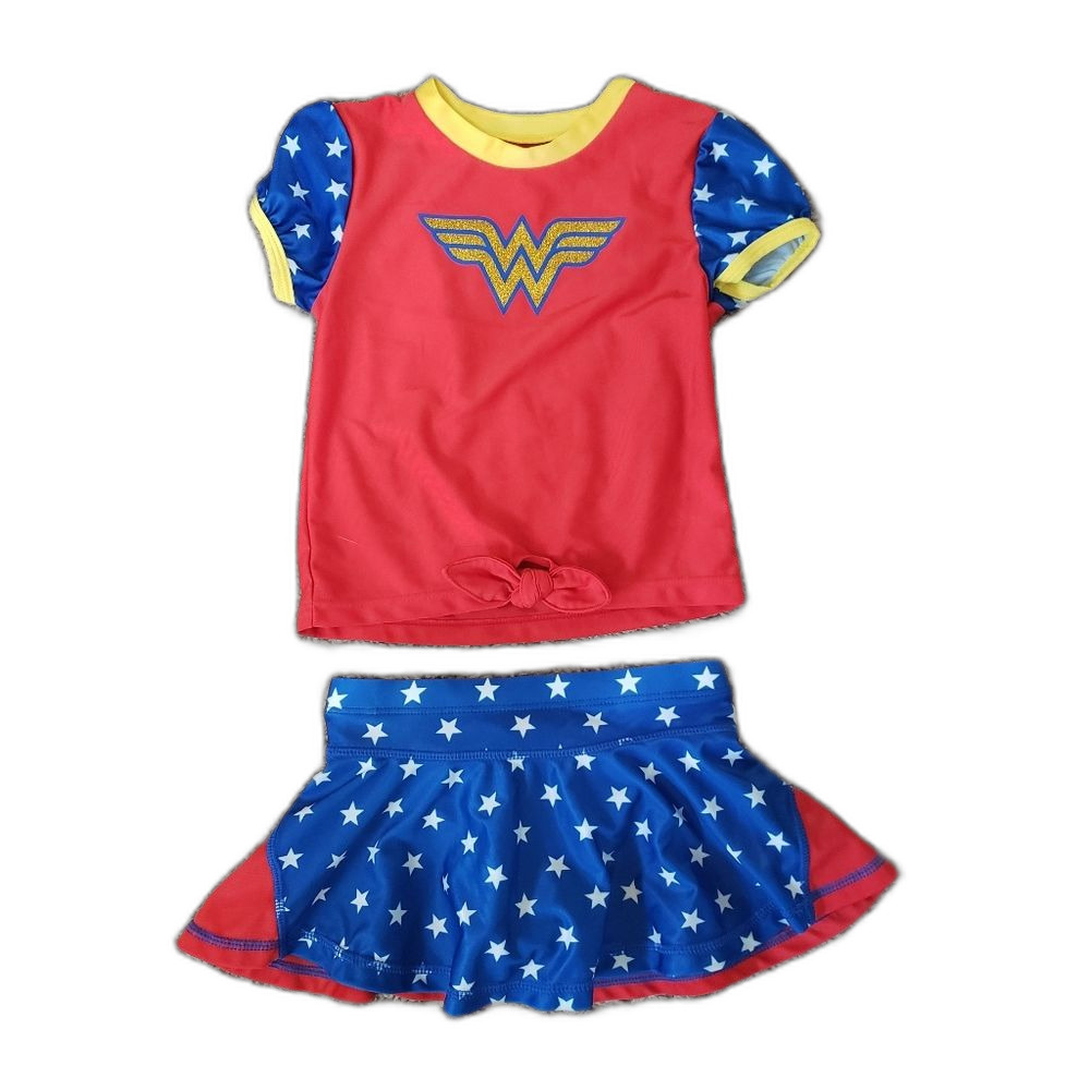 DC Comics Wonder Woman Toddler Girls Two Piece Swimsuit with shirt and skirt, 2T